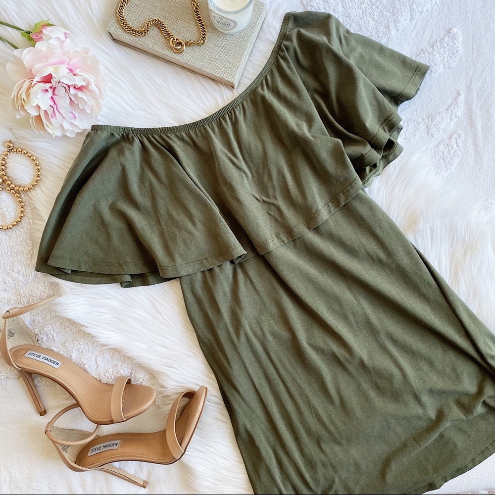 Olive green off the shoulder dress